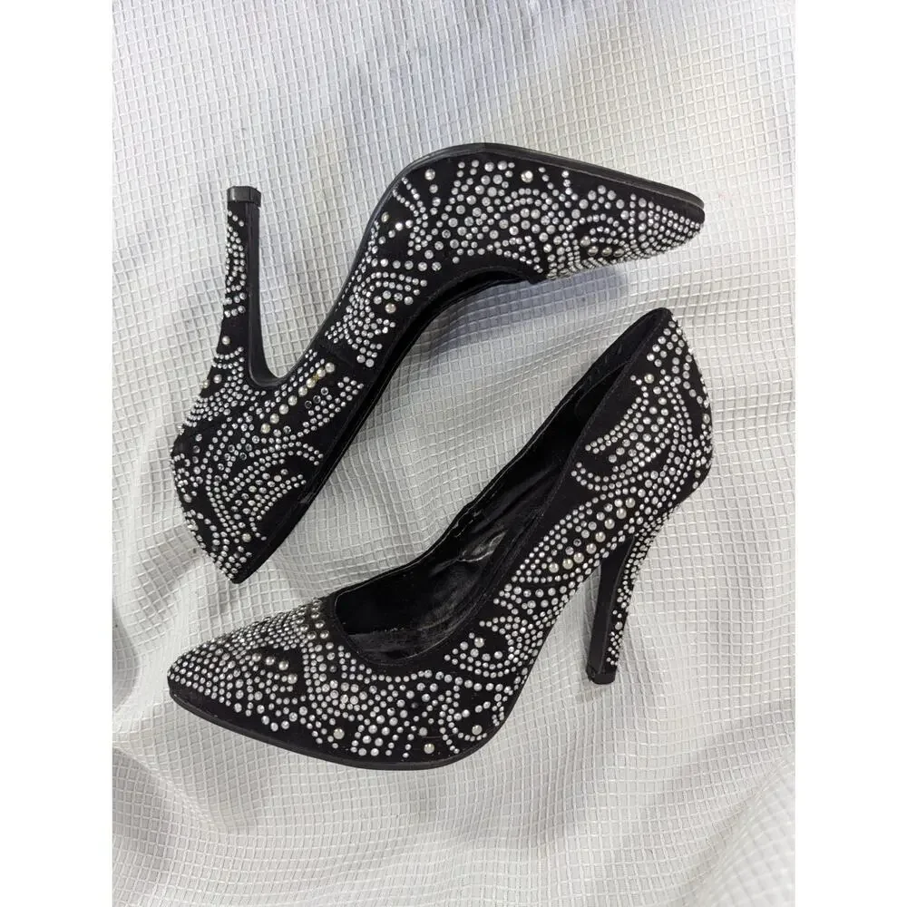 SHIEKH! GORGEOUS BLACK VEGAN SUEDE RHINESTONE PATTERNED PUMPS, HEELS! SZ 6.5